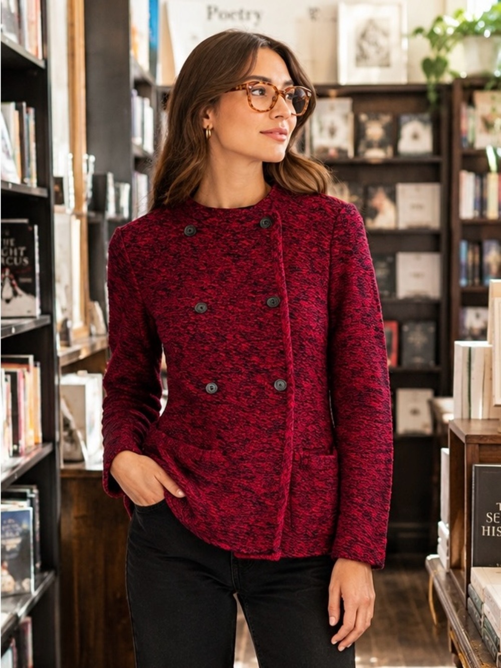 Lucky Brand Women's Double-Breasted Red and Black Marled Cotton Blend Cardigan M
